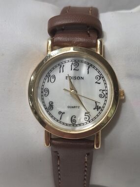 Edison Womens Brown Leather Strap Watch with Gold Case